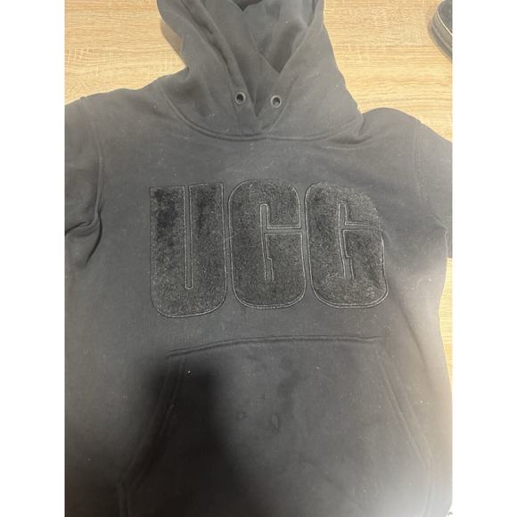 WOMENS SIZE S BLACK UGG REY FUZZY LOGO HOODIE PULLOVER SWEATSHIRT HOODED - Picture 1 of 4